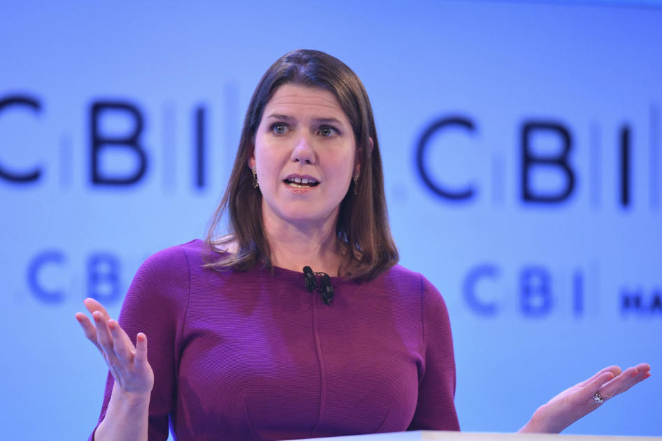 Liberal Democrat leader Jo Swinson speaks at the Confederation of British Industry (CBI) annual conference at the InterContinental Hotel in London, Monday, Nov. 18, 2019. The leaders of Britain’s three biggest national political parties were making election pitches Monday to business leaders who are skeptical of politicians’ promises after years of economic uncertainty over Brexit. (Stefan Rousseau/PA via AP)