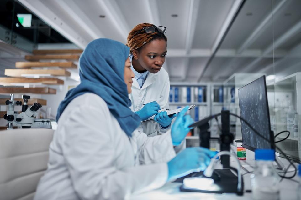 Two lab technicians looking at an image on a display monitor from a digital microscope.