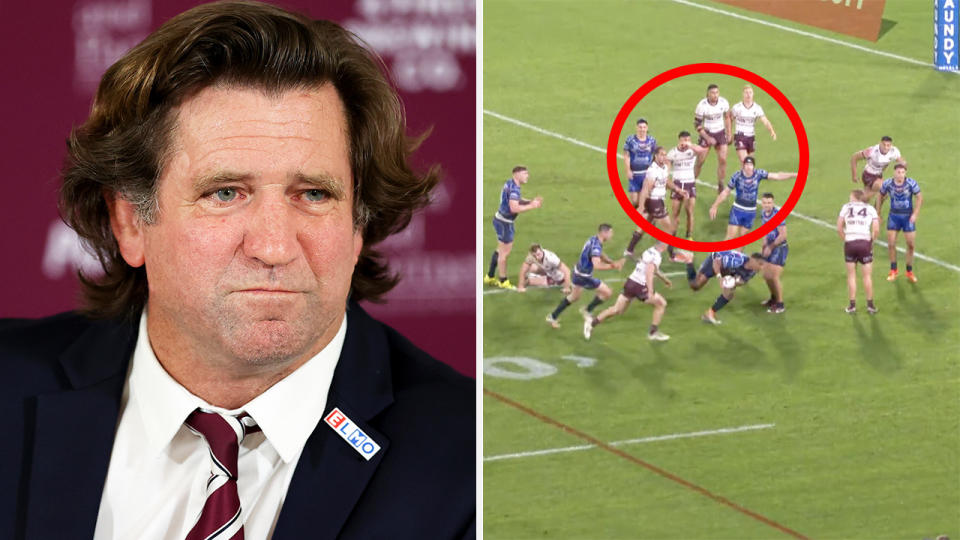 Manly coach Des Hasler is pictured left, while Manly players are pictured circled standing still as the Bulldogs move to score.