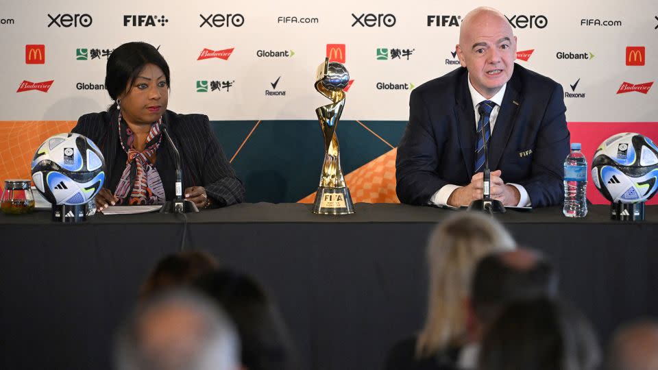 FIFA president Gianni Infantino (R) praised the growth of the women's game in last 10 years and believes the tournament will win over skeptics in a media conference on Thursday ahead of the Women's World Cup's start on July 20. - Saeed Khan/AFP/Getty Images