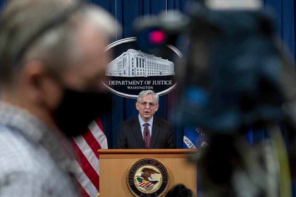 FILE - In this April 21, 2021, file photo Attorney General Merrick Garland speaks about a jury's verdict in the case against former Minneapolis Police Officer Derek Chauvin in the death of George Floyd, at the Department of Justice in Washington. Federal prosecutors have charged four former Minneapolis police officers with civil rights violations in Floyd's death. (AP Photo/Andrew Harnik, Pool)