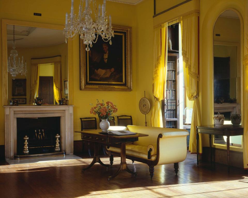<p>Swathed in yellow from head to toe, walls to upholstery, the drawing room in the home of architect Sir John Soane (now a <a href="https://www.soane.org/" rel="nofollow noopener" target="_blank" data-ylk="slk:museum;elm:context_link;itc:0;sec:content-canvas" class="link ">museum</a>) was intended to recreate the golden sunshine of Rome or Pompeii. Although the saturated shade would not have been altogether shocking during the Regency period, its monchromatic application reads as suprisingly modern. Today, the color is known as Soanian yellow.</p>