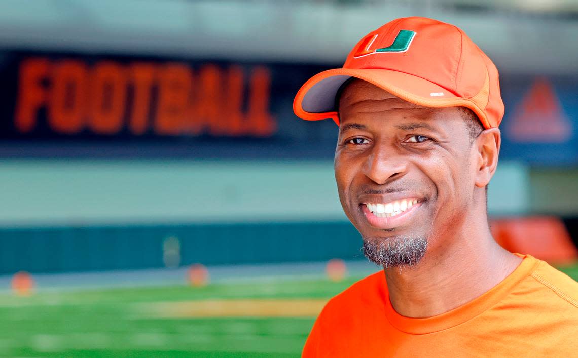 Miami Hurricanes wide receivers coach Kevin Beard arrives to speak to reporters after practice at the Carol Soffer Indoor Practice Facility on the University of Miami campus in Coral Gables on Thursday, March 30, 2023. 
