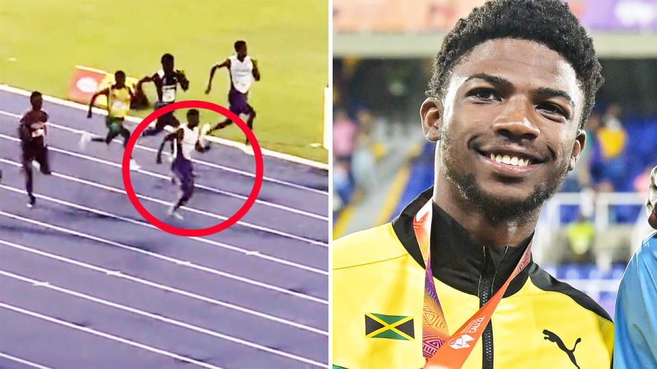 Bouwahjgie Nkrumie, pictured here becoming the first Jamaican junior athlete to go under 10 seconds in the 100m.