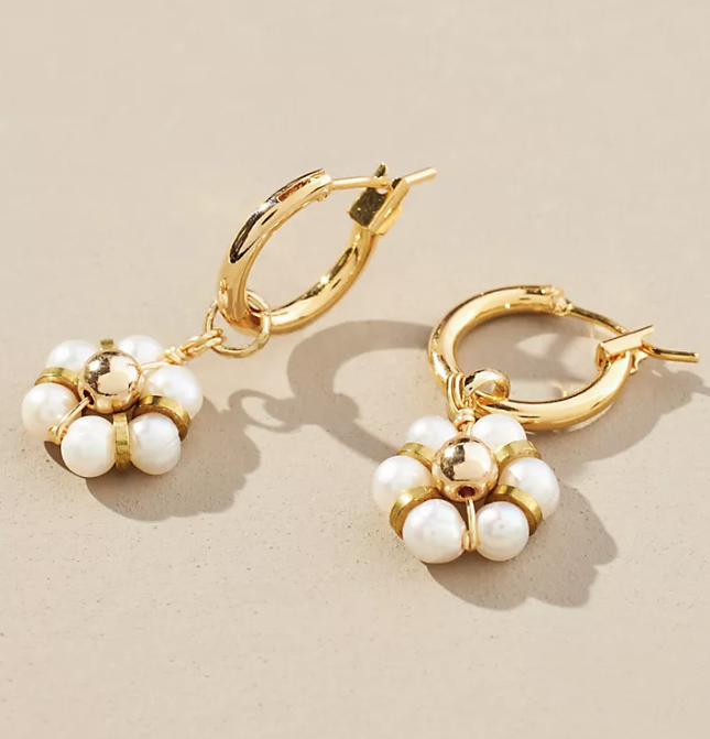 29) Pearl Floral Charm Hoop Earrings