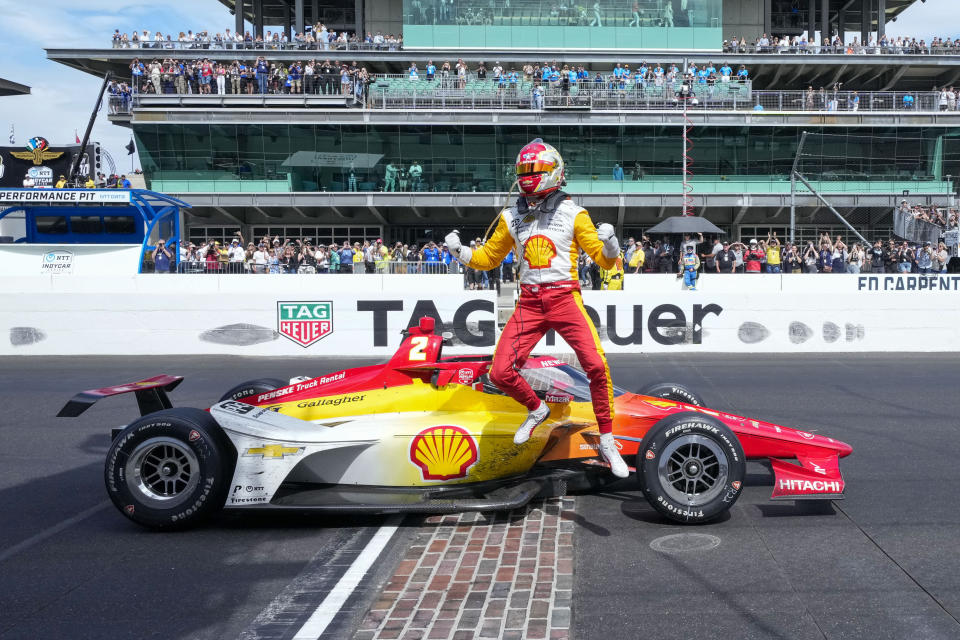 Josef Newgarden celebrates winning the Indianapolis 500 auto race at Indianapolis Motor Speedway in Indianapolis, Sunday, May 28, 2023. (AP Photo/AJ Mast)