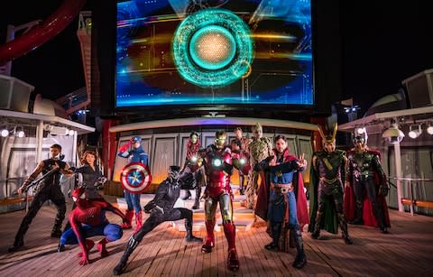 Marvel characters on board a Disney cruise - Credit: Matt Stroshane/Disney Cruise Line