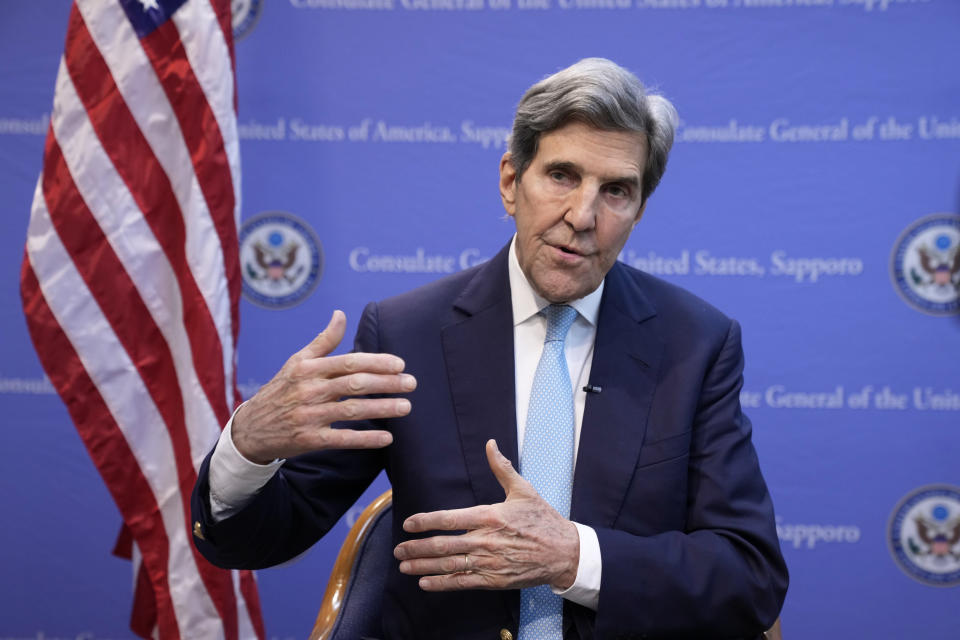 U.S. Special Presidential Envoy for Climate John Kerry speaks during an interview with The Associated Press at the U.S. Consulate General after the G-7 ministers' meeting on climate, energy and environment in Sapporo, northern Japan, Sunday, April 16, 2023. So much has been invested in clean energy that there can be no rolling back of moves to end carbon emissions, though much more needs to be done much faster to prevent the worst impacts of climate change, U.S. Presidential Envoy John Kerry said Sunday. (AP Photo/Hiro Komae)