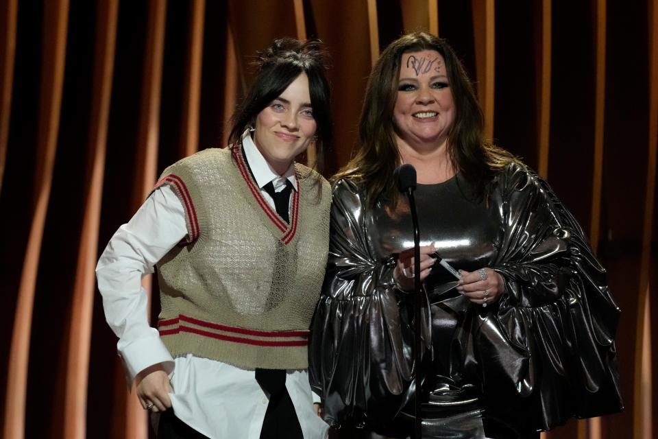 Billie Eilish, left, and Melissa McCarthy presenting together at the Screen Actors Guild Awards in Los Angeles Saturday.