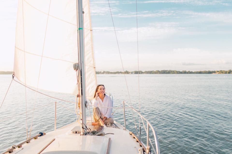 Anna Kim on sailboat