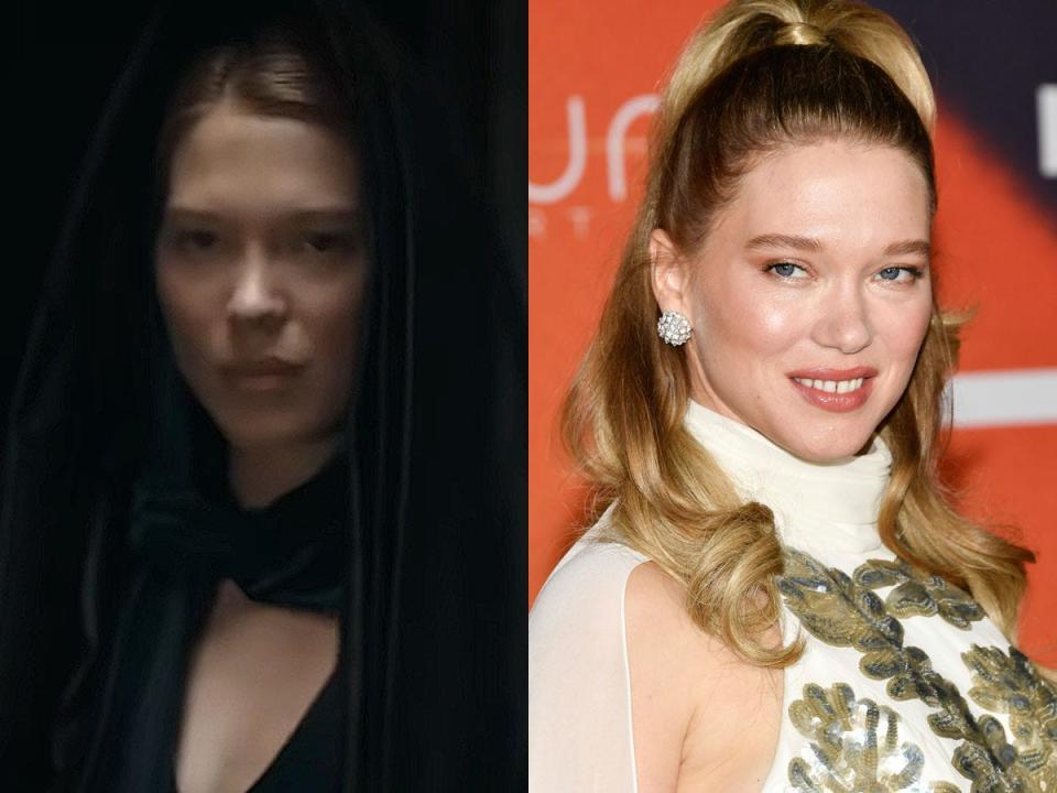 Léa Seydoux as Lady Margot Fenring in "Dune: Part Two" and  Seydoux at the NYC premiere of the film.