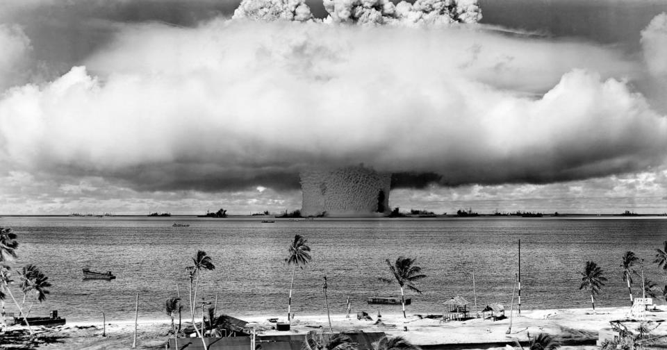 PHOTO: A mushroom-shaped cloud and water column from the underwater Baker nuclear explosion off the Marshall Islands, July 25, 1946.  (Pictures from History/Universal Images Group via Getty Images)