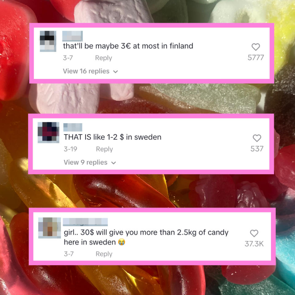 Comments discuss the price differences of candy in Finland and Sweden, noting €3 in Finland and $1-2 in Sweden, and mentioning 30$ buys over 2.5kg in Sweden