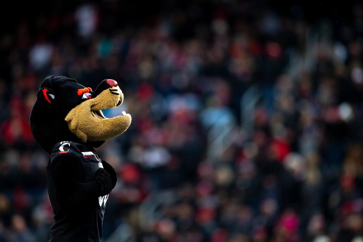 The Cincinnati Bearcats mascot stands in the end zone during a game between the Cincinnati Bearcats and Southern Methodist Mustangs on Nov. 20, 2021, at Nippert Stadium. The Bearcats kicked off their 2022 season Sept. 3 against Arkansas.
