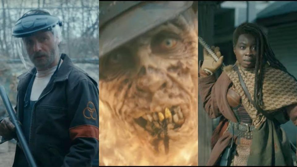 Split image of Rick grimes wearing face shield and CRM jacket, fiery walker, and Michonne wielding katana in the ones who live trailer 