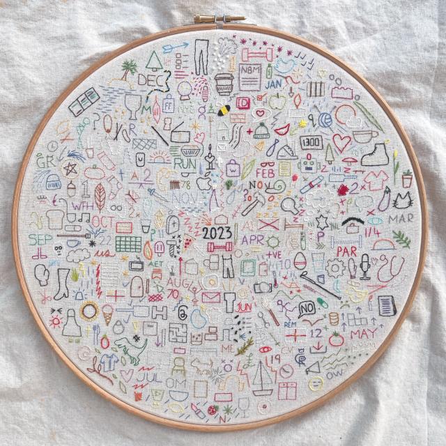 Writer completes embroidery journal documenting 2023 with stitched icons