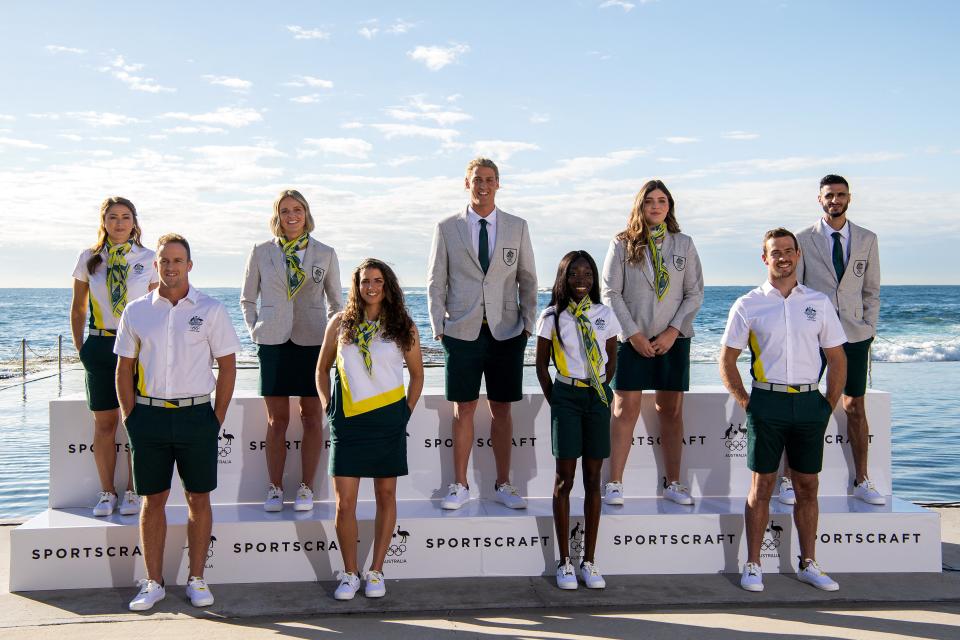 Aussie athletes pose for a photograph during the Australian Olympic Team Opening Ceremony Uniform Unveiling at Wylie's Baths in Sydney on May 18, 2021.