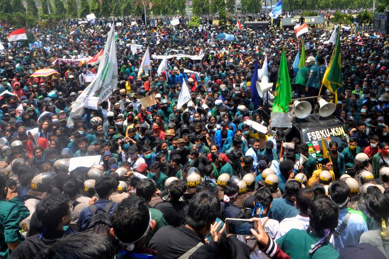 Demonstrator protest the government's labour reforms bill in Lampung, Sumatra