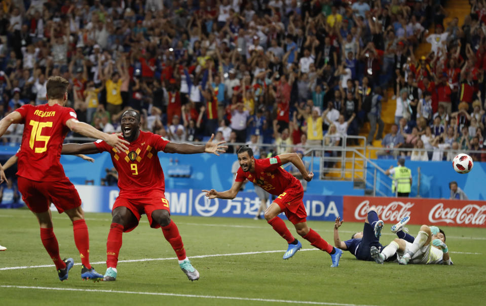 Belgium’s Nacer Chadli celebrates after scoring his third side’s goal during the round of 16 match between Belgium and Japan (AP Photo/Rebecca Blackwell)