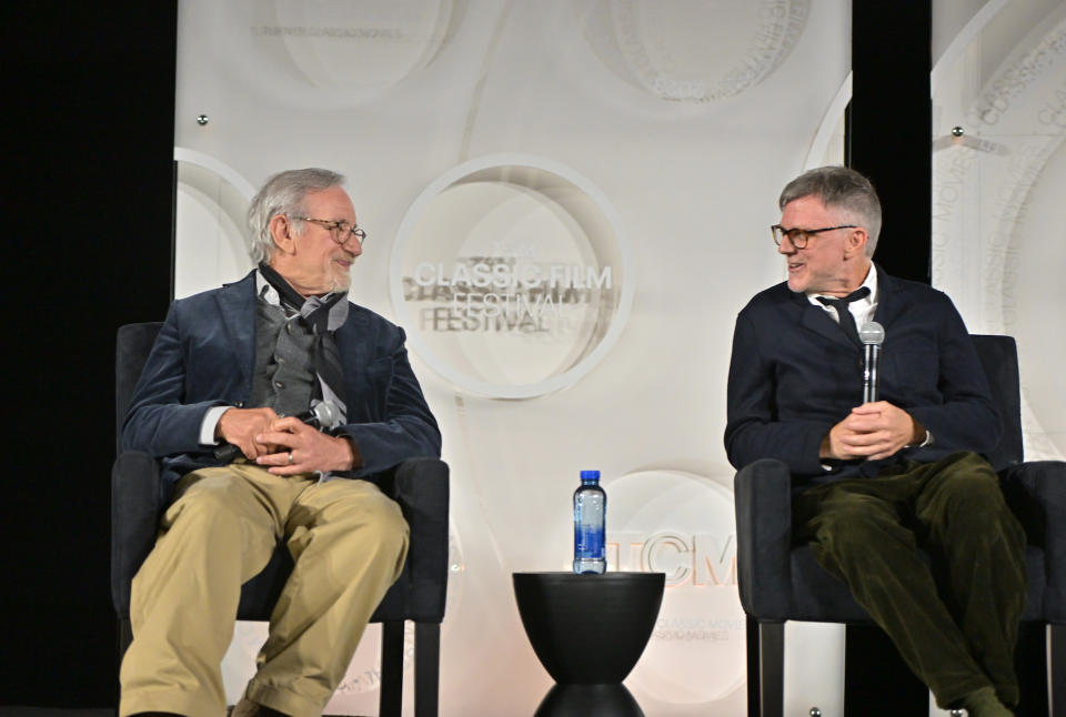 HOLLYWOOD, CALIFORNIA - APRIL 13: (L-R) Steven Spielberg and Paul Thomas Anderson speak onstage during the opening night gala and world premiere of the 4k restoration of "Rio Bravo" during the 2023 TCM Classic Film Festival at TCL Chinese Theatre on April 13, 2023 in Hollywood, California. (Photo by Charley Gallay/Getty Images for TCM)