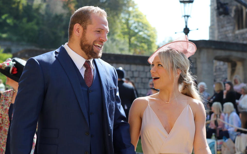 James Haskell and Chloe Madeley arrive at St George's Chapel at Windsor Castle for the wedding of Meghan Markle and Prince Harry. PRESS ASSOCIATION Photo. Picture date: Saturday May 19, 2018. See PA story ROYAL Wedding. Photo credit should read: Gareth Fuller/PA Wire