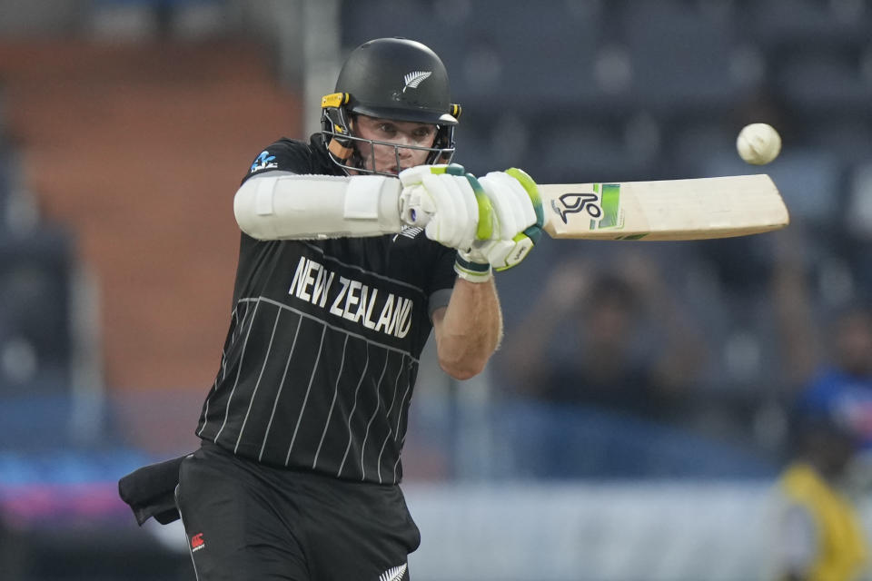 New Zealand's Tom Latham plays a shot during the ICC Men's Cricket World Cup match between New Zealand and Netherlands in Hyderabad, India, Monday, Oct. 9, 2023. (AP Photo/Mahesh Kumar A.)