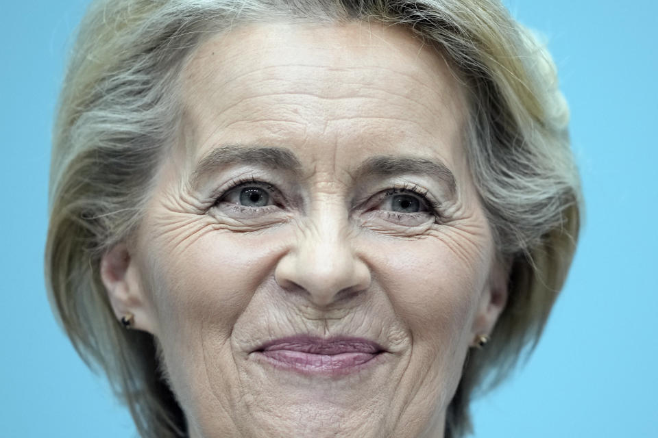 Ursula von der Leyen, President of the European Commission, smiles during a press conference after a board meeting of the Christian Democratic Union (CDU) in Berlin, Germany, Monday, Feb. 19, 2024. Ursula von der Leyen announced her intention to run for a second term as EU commission president. (AP Photo/Markus Schreiber)