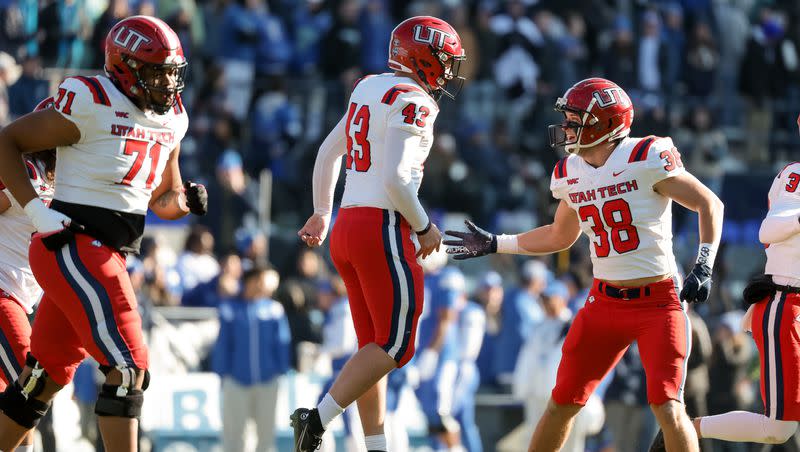 Utah Tech kicker Connor Brooksby (43) celebrates after kicking a 47-yard field goal, putting his team up 3-0 over BYU, during the game at LaVell Edwards Stadium in Provo on Saturday, Nov. 19, 2022.