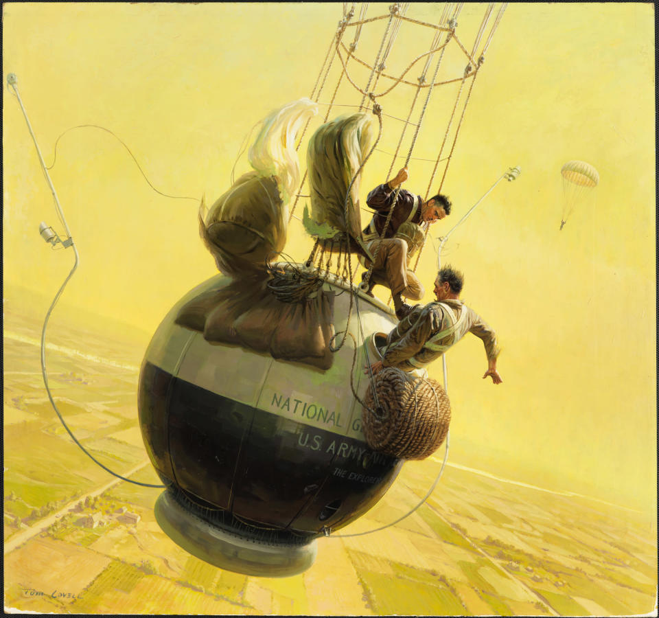 'Balloonists struggle to escape a doomed gondola.' (Tom Lovell /The National Geographic/Christie’s Images) <br> <br> <a href="https://www.christies.com/services/publications/browse-ecatalogues.aspx" rel="nofollow noopener" target="_blank" data-ylk="slk:Click here to see the full collection at Christie's;elm:context_link;itc:0;sec:content-canvas" class="link ">Click here to see the full collection at Christie's</a>