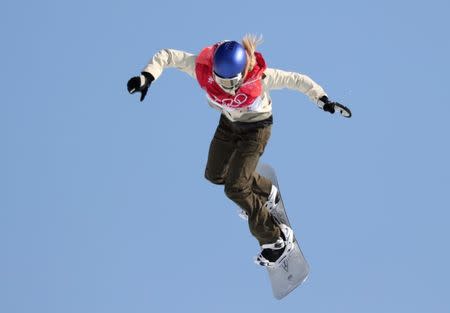 Feb 21, 2018; Pyeongchang, South Korea; Anna Gasser (AUT) jumps in the women's snowboarding big air event during the Pyeongchang 2018 Olympic Winter Games at Alpensia Jumping Centre. Peter Casey-USA TODAY Sports