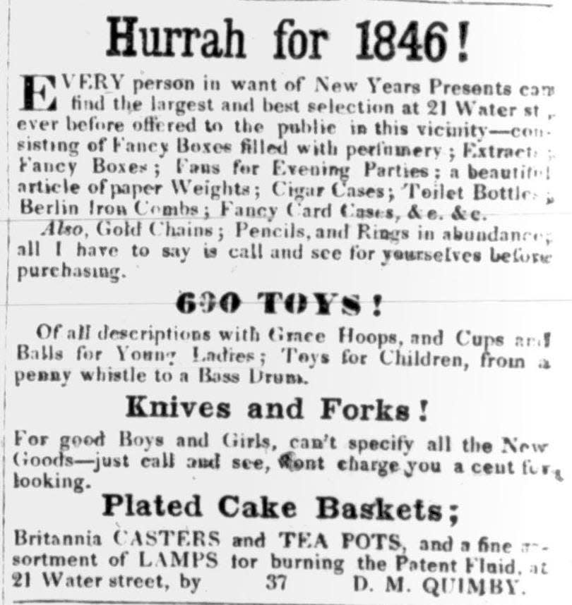 The January 10, 1846, edition of the Exeter News-Letter had this advertisement for New Years’ gifts – Christmas was not celebrated in town until the New Hampshire declared it a state holiday in 1861.