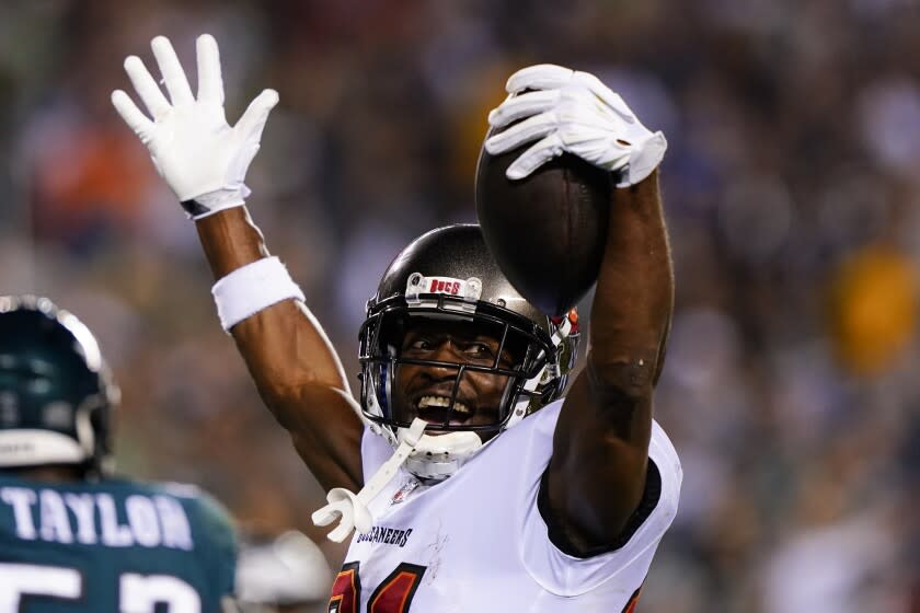 Tampa Bay Buccaneers wide receiver Antonio Brown in action during an NFL football game against the Philadelphia Eagles on Thursday, Oct. 14, 2021, in Philadelphia. (AP Photo/Matt Rourke)