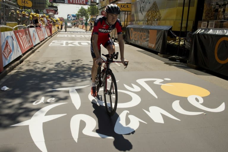 USA's Tejay Van Garderen practices prior to the start of the 13.8 km individual time-trial, the first stage of the 102nd edition of the Tour de France cycling race on July 4, 2015, in Utrecht, The Netherlands