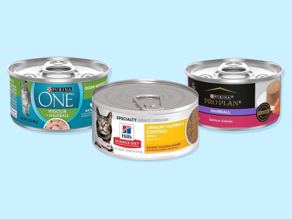 Purina One Indoor + Hairball, Hill's Science Diet, and Purina Pro Plan Hairball cat foods are shown together in front of a light blue background.