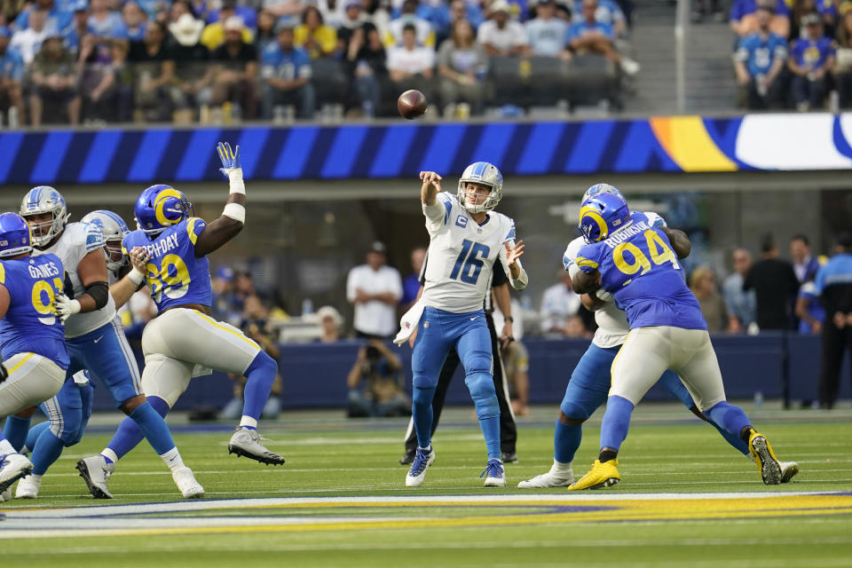 Detroit Lions quarterback Jared Goff throws a pass during the second half of an NFL football game Sunday, Oct. 24, 2021, in Inglewood, Calif. (AP Photo/Marcio Jose Sanchez)