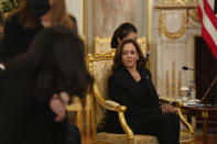 U.S. Vice President Kamala Harris, center, and Japan's Prime Minister Fumio Kishida (not seen) meet at the Akasaka Palace state guest house in Tokyo, Monday, Sept. 26, 2022. (David Mareuil/Pool Photo via AP)