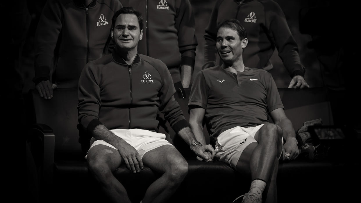  Roger Federer and Rafael Nadal in black and white 