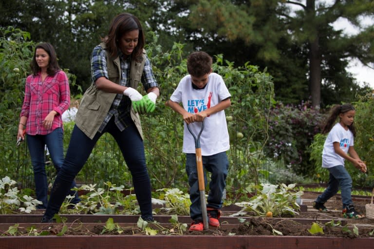 Executive Director of Let's Move! Debra Eschmeyer (L) looks on as First Lady Michelle Obama (C) helps a child harvest sweet potatoes from the White House Kitchen Garden during a harvesting event at the White House in Washington, DC, October 6, 2016