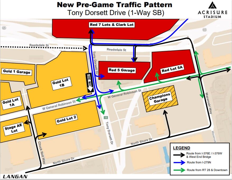 Tony Dorsett Drive will be converted to one-way southbound until kickoff to facilitate vehicles entering the North Shore on Steelers game days.