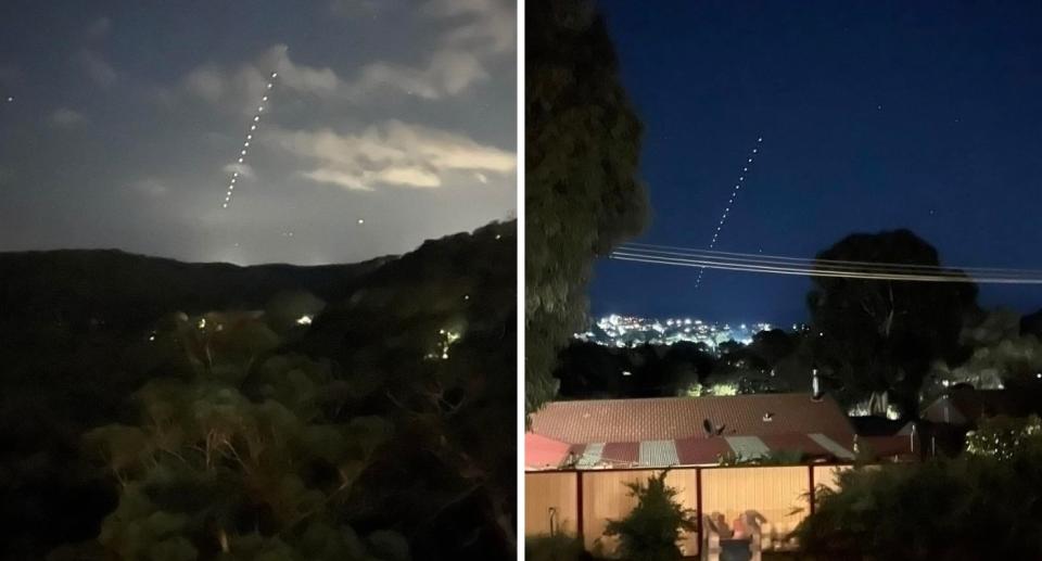 A bizarre line of white dots was seen in the night sky over the weekend.