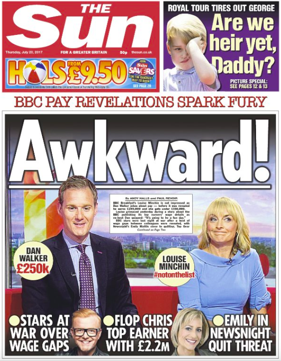 An awkward moment between BBC presenters Dan Walker and Louise Minchin over their respective wages makes the front page of The Sun