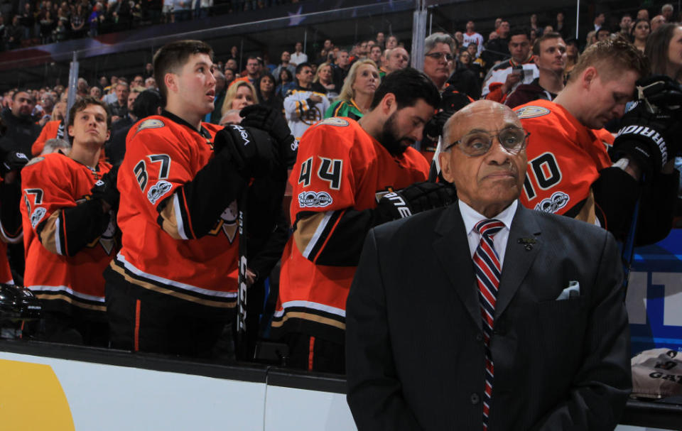 ANAHEIM, CA – FEBRUARY 22: Willie Eldon O’Ree, known best for being the first black player in the National Hockey League, looks on during the national anthem before the game against the Boston Bruins on February 22, 2017 at Honda Center in Anaheim, California. (Photo by Debora Robinson/NHLI via Getty Images)