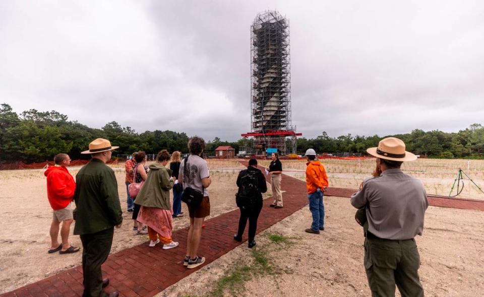 The National Park Service conducts a tour of the Cape Hatteras Lighthouse restoration project on Monday, July 1, 2024. The project is expected to cost $19.2 million and will include replacing 40,000 of its estimated 1,250,000 bricks, replacing rusted or broken metal components and the installation of a near-exact replica of the first-order Fresnel lens.