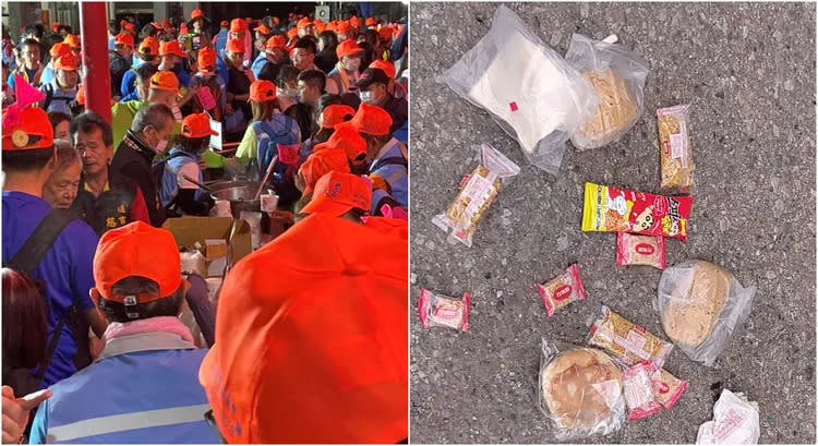 白沙屯媽沿途驚見「食物遭丟一地」，信徒氣炸。左為讀者提供遶境照，右翻攝自「白沙屯媽祖全球徒步聯誼會」臉書