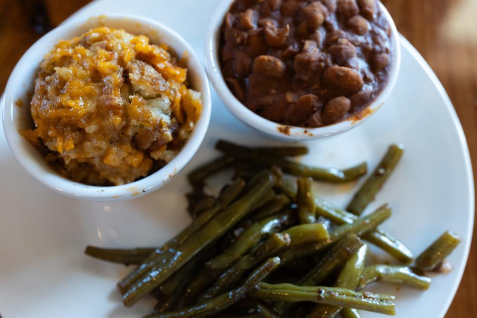 A veggie plate option from barbecue restaurant Hallelujah BBQ consists of a side sampler with a mix and match of any three sides.