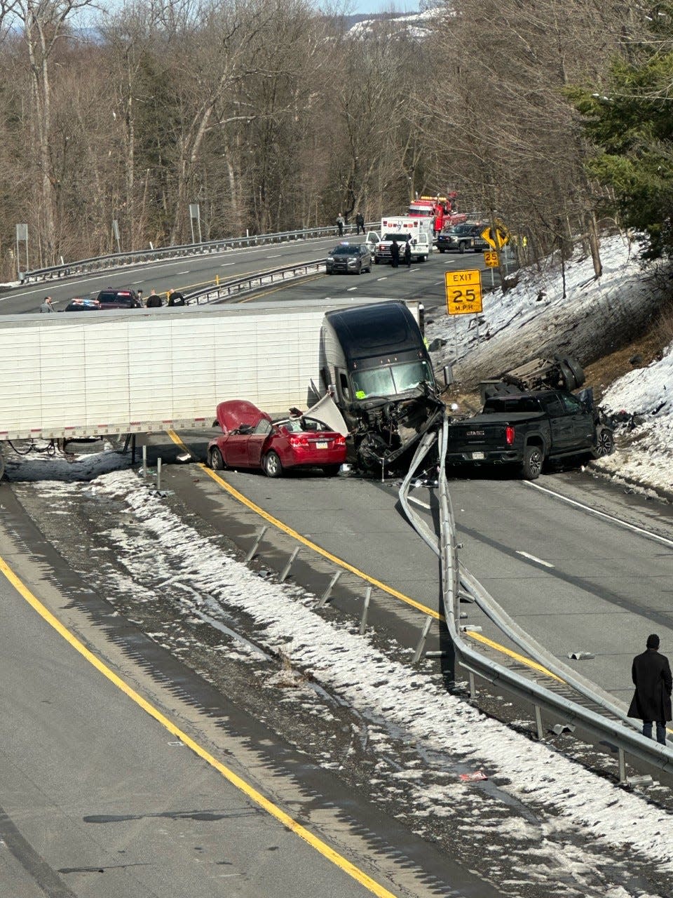 The scene of a multi-vehicle crash on Route 33 between Saylorsburg in Monroe County and Wind Gap in Northampton County. All lanes on Route 33 have remained closed since the crash.