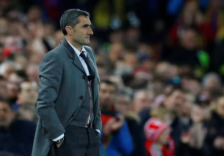 Soccer Football - Champions League Semi Final Second Leg - Liverpool v FC Barcelona - Anfield, Liverpool, Britain - May 7, 2019 Barcelona coach Ernesto Valverde looks on REUTERS/Phil Noble
