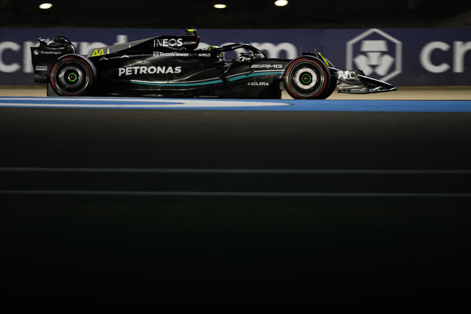 Mercedes driver Lewis Hamilton of Britain in action during practice for the Bahrain Grand Prix in Sakhir, Friday, March 3, 2023. (AP Photo/Ariel Schalit