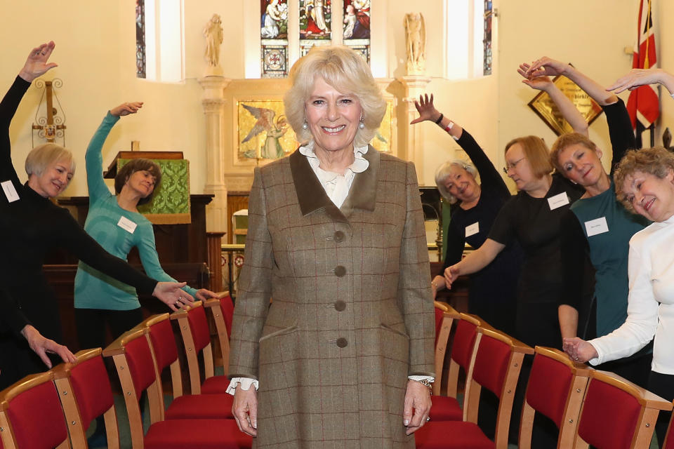 BATH, ENGLAND - JANUARY 31:  Camilla, Duchess Of Cornwall and Patron of St. John's Hospital, poses with members of the "Silver Swans" dance class as she visits the charity's almshouses and officially opens the newly refurbished Rosenberg House during a visit to Bath on January 31, 2017 in Bath, England. Her Royal Highness will meet local organisations supported by St John's as well as community groups who use the facilities and attend a reception for residents and supporters.  (Photo by Chris Jackson - WPA Pool / Getty Images)