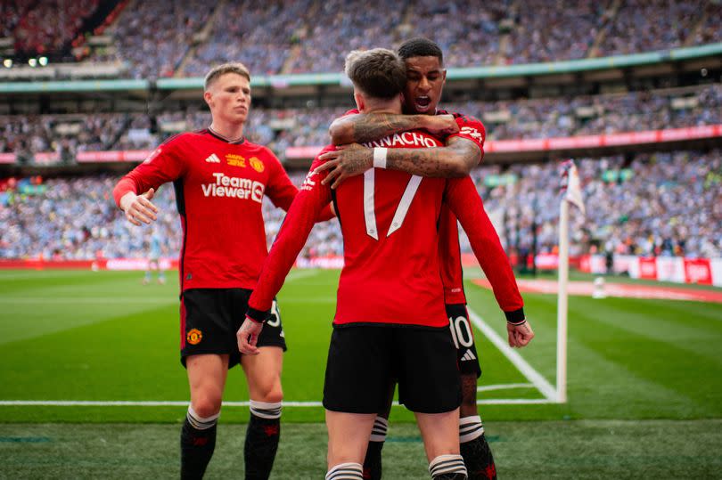 Alejandro Garnacho is mobbed by Marcus Rashford and Scott McTominay after scoring in the FA Cup final at Wembley.